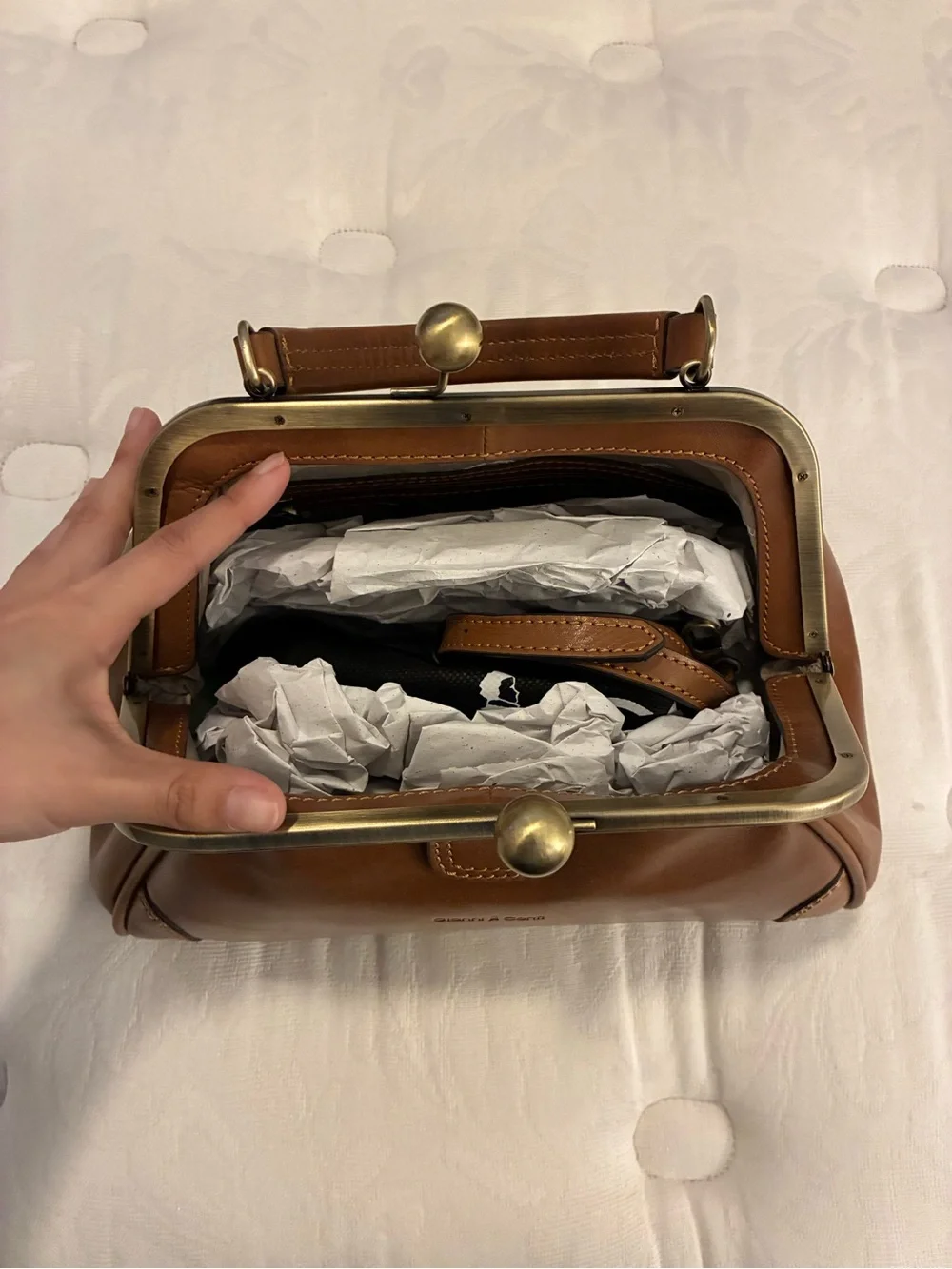 Structured Tan Leather Kiss-Lock Wristlet Clutch